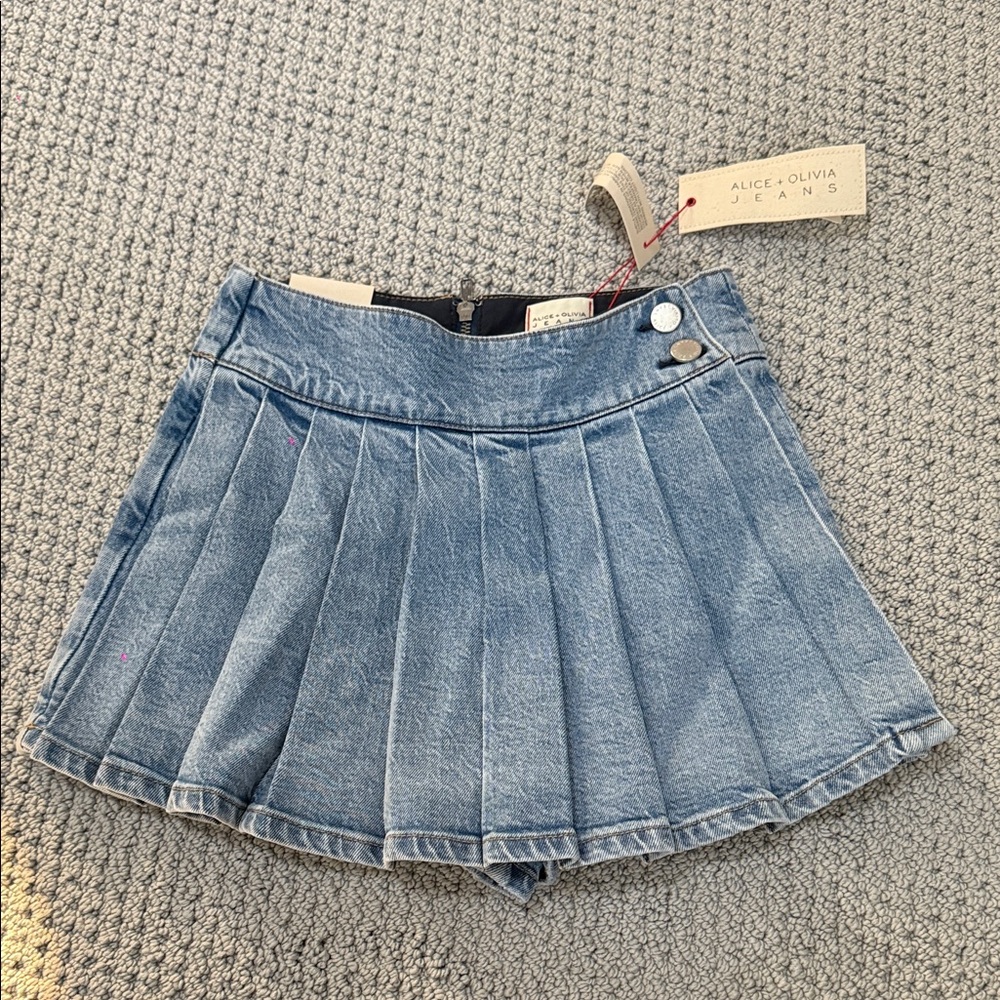 Alice + Olivia Pleated Denim Mini Skort in Light Blue